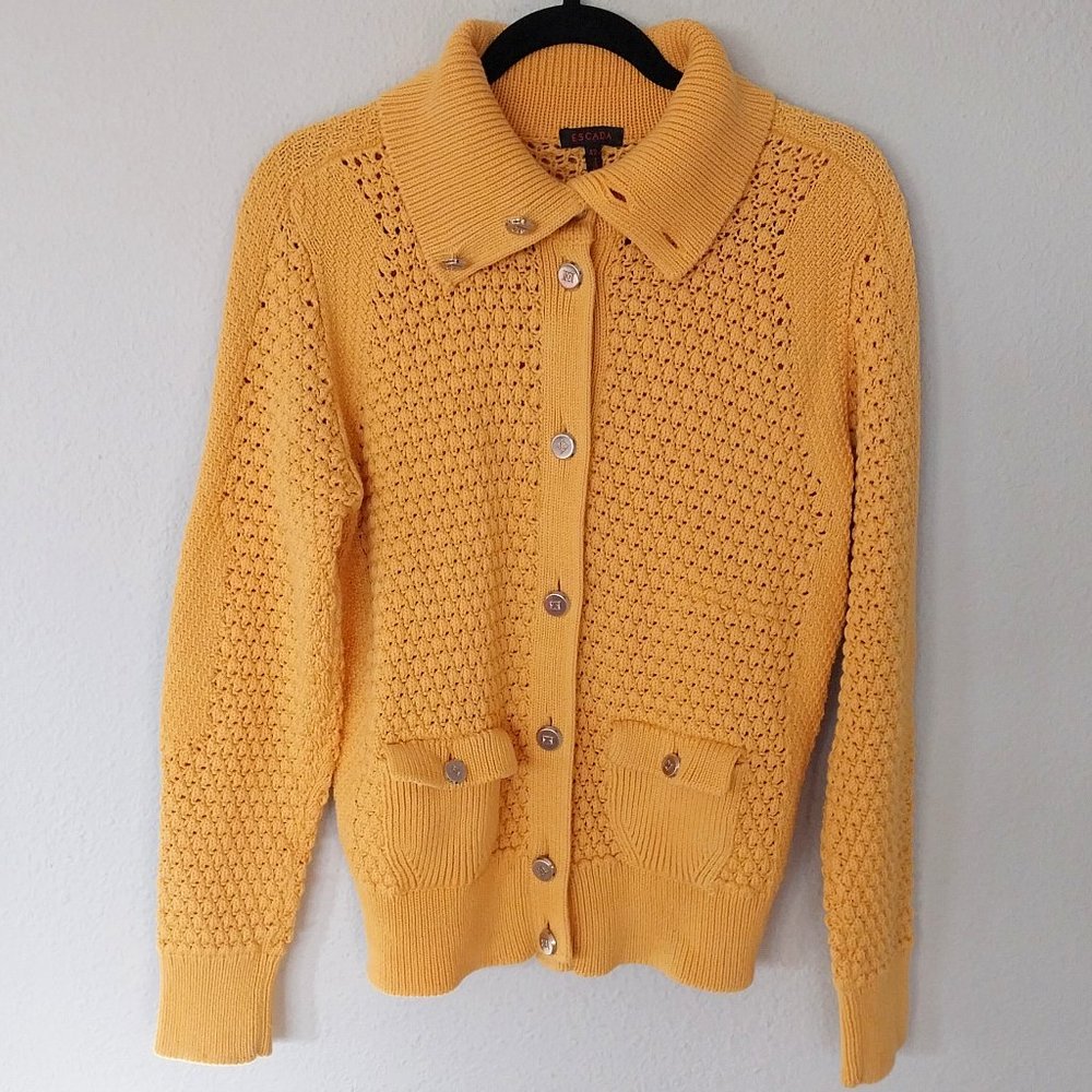 Escada Vintage Golden Yellow Cotton and Silk Blend Knit Button Down Cardigan